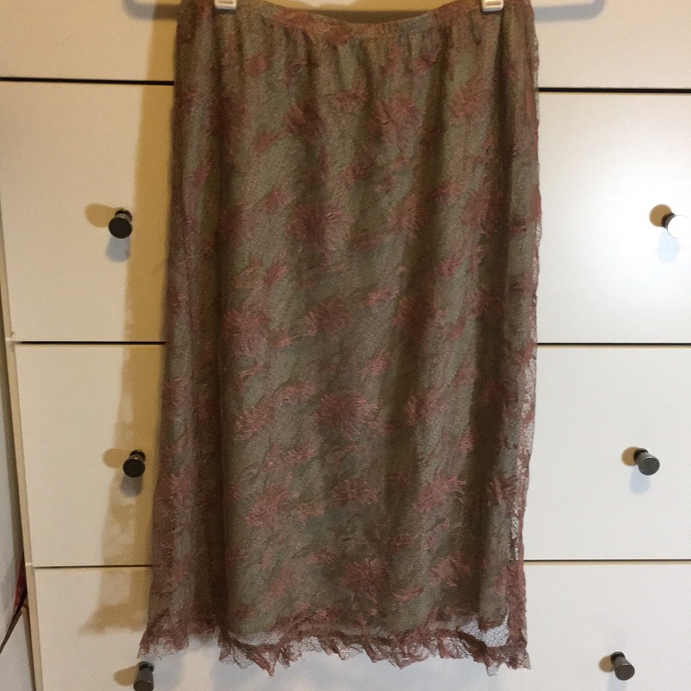 Anthropolgie green lace pink midi skirt Sz s